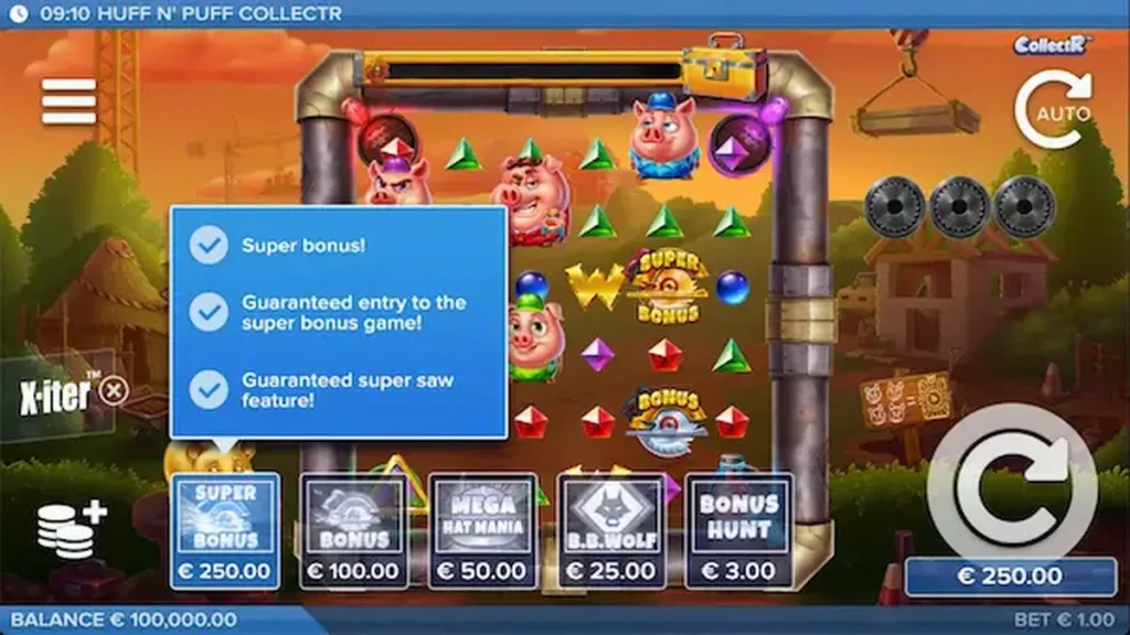 Tampilan visual slot Huff N’ Puff CollectR dengan karakter babi dan serigala.