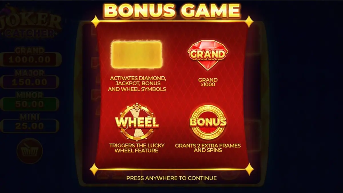 Tampilan visual slot Joker Catcher dengan simbol klasik dan Joker di tengah gulungan