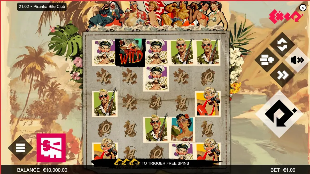 Tampilan visual slot Piranha Bite Club dengan tema retro pin-up dan predator bawah air